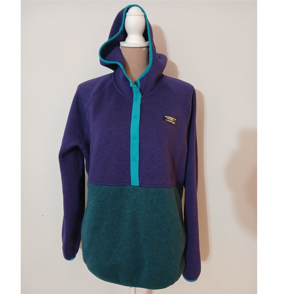 Vtg LL Bean Sweater Fleece Pullover Hoodie Womens XL Purple Teal Colorblock